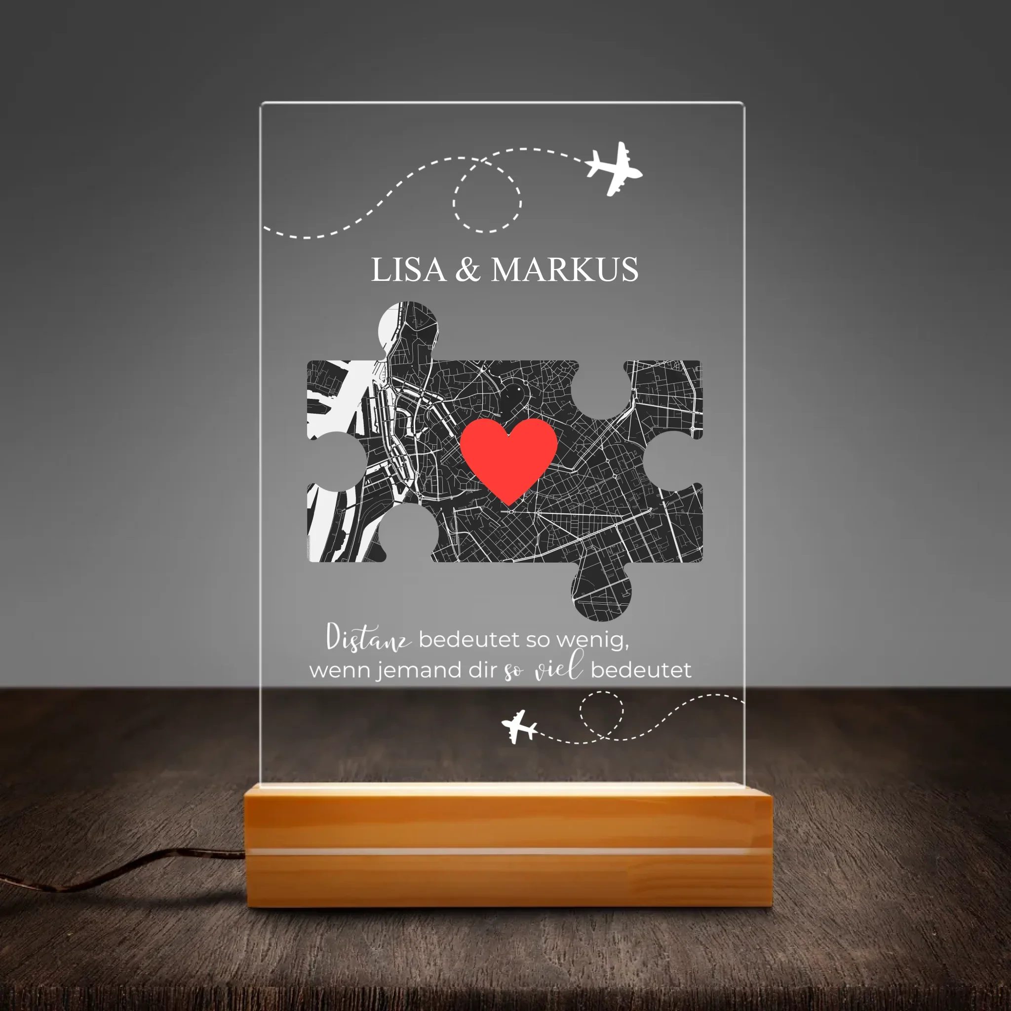 "Unser Puzzle" - Personalisiertes Nachtlicht (inkl. Holzfuß)